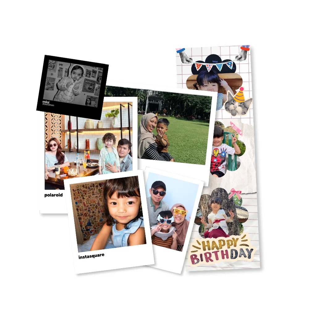 Kolase cetak bundling foto ala polaroid dalam berbagai ukuran Instax dan Photostrip bertema keluarga serta ulang tahun.