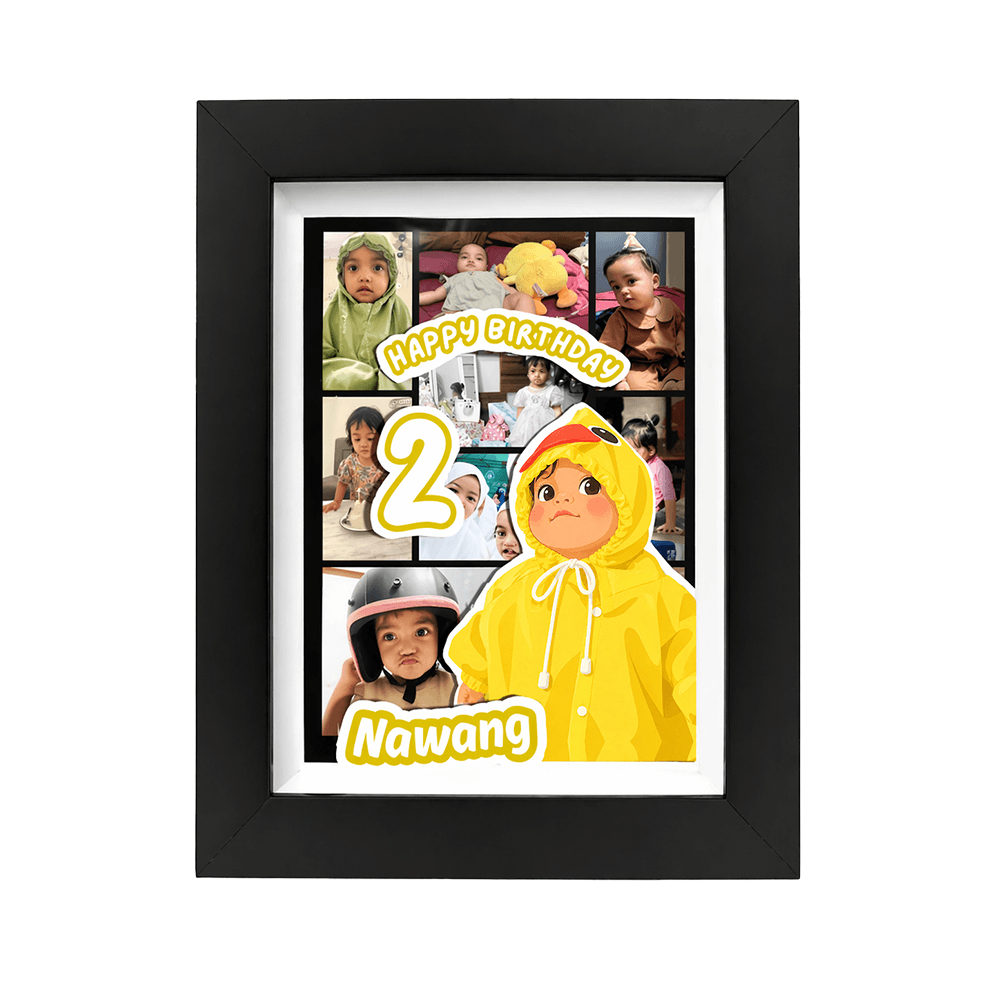Bingkai hitam Pop Up 3D photostory berisi kolase foto anak dan ilustrasi timbul bertuliskan Happy Birthday