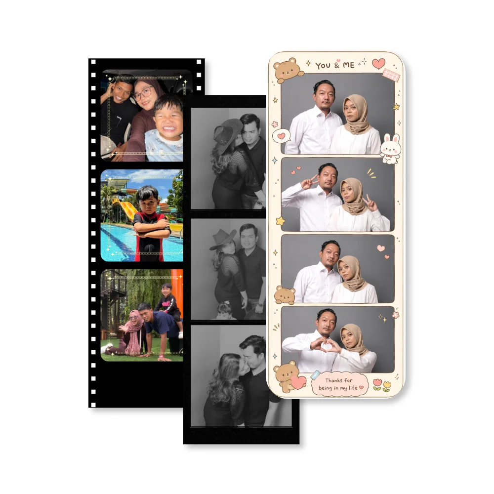 Tiga cetakan photostrip dengan desain bingkai lucu dan klasik yang menampilkan berbagai momen keluarga serta pasangan.