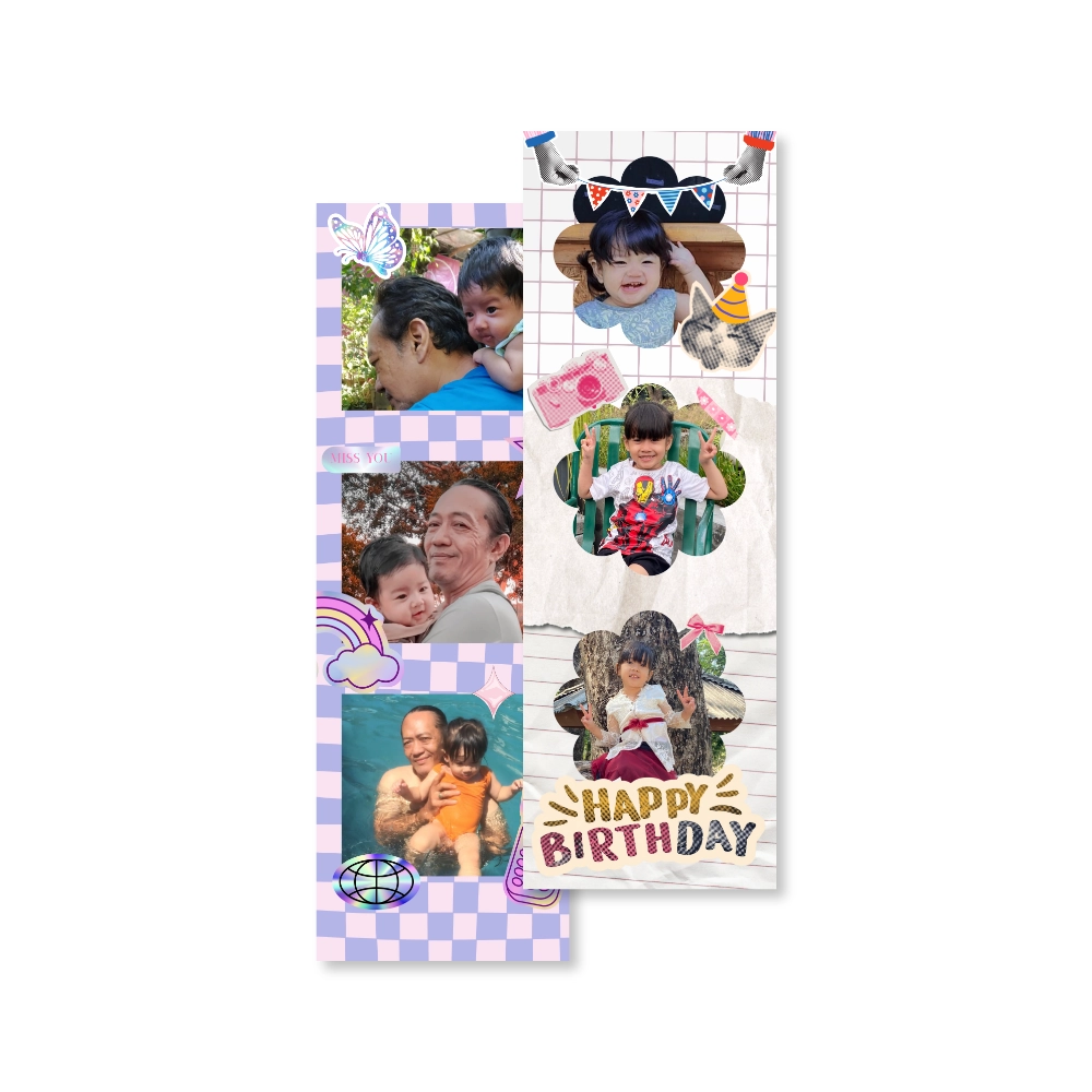 Dua lembar magnet foto ala photostrip dengan desain kotak-kotak ungu dan scrapbook ulang tahun anak yang lucu.