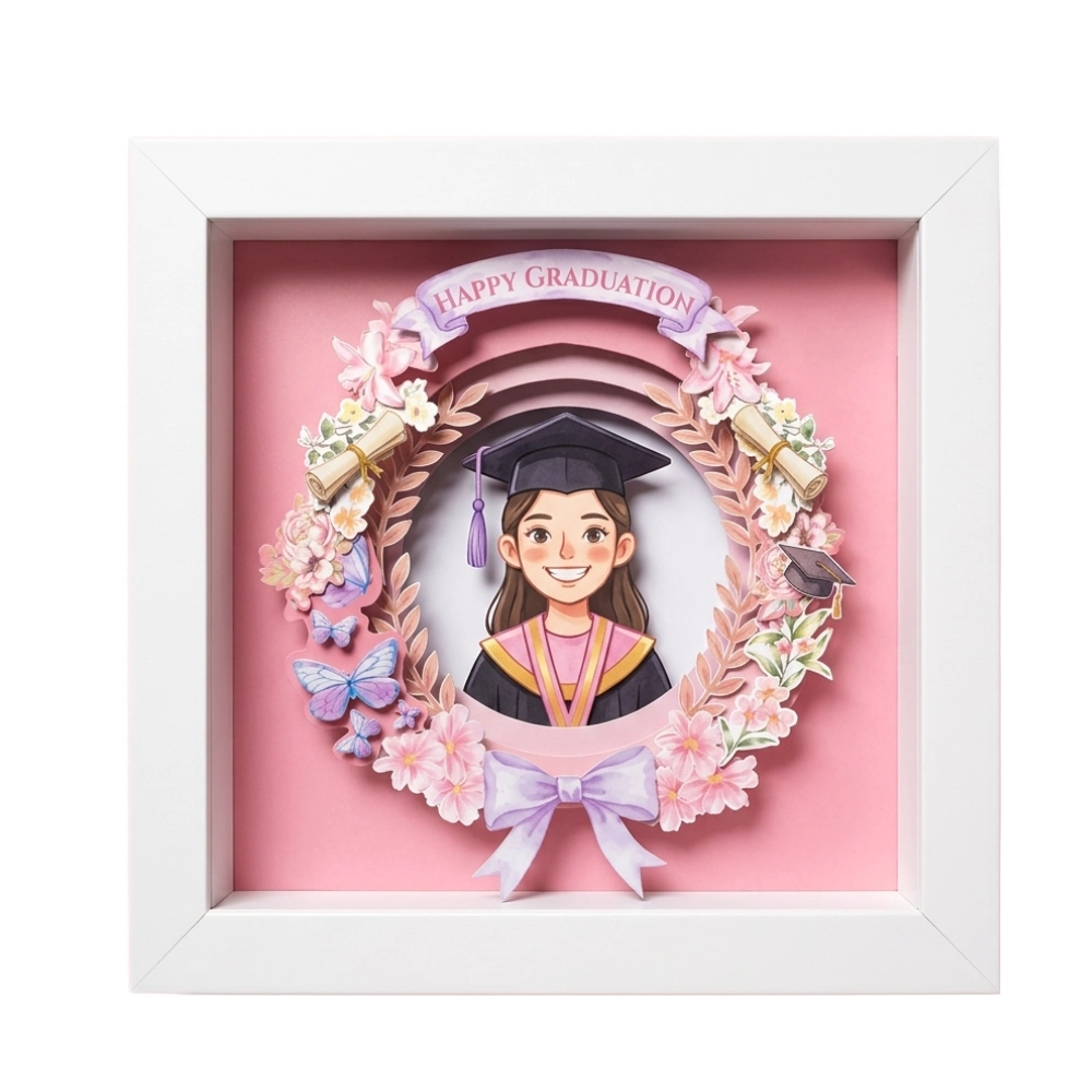 Bingkai shadow box putih menampilkan seni potong kertas 3D di dalamnya. Pusatnya adalah ilustrasi seorang wisudawati tersenyum dengan topi toga, dikelilingi karangan bunga mawar pink, spanduk kertas bertuliskan 'HAPPY GRADUATION', gulungan ijazah, dan kupu-kupu di atas latar belakang pink lembut