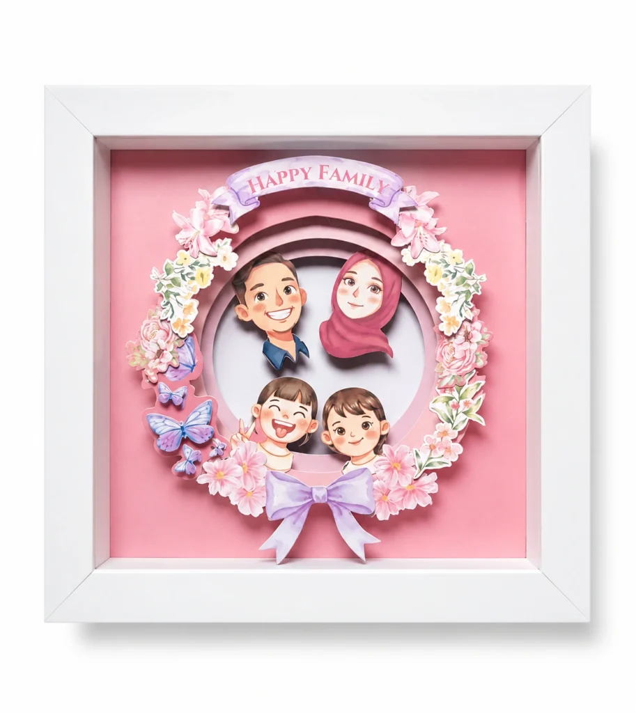 Bingkai putih berisi potret keluarga berupa 3d frame 4 layer ukuran 20x20cm dengan hiasan bunga dan latar bernuansa pink.