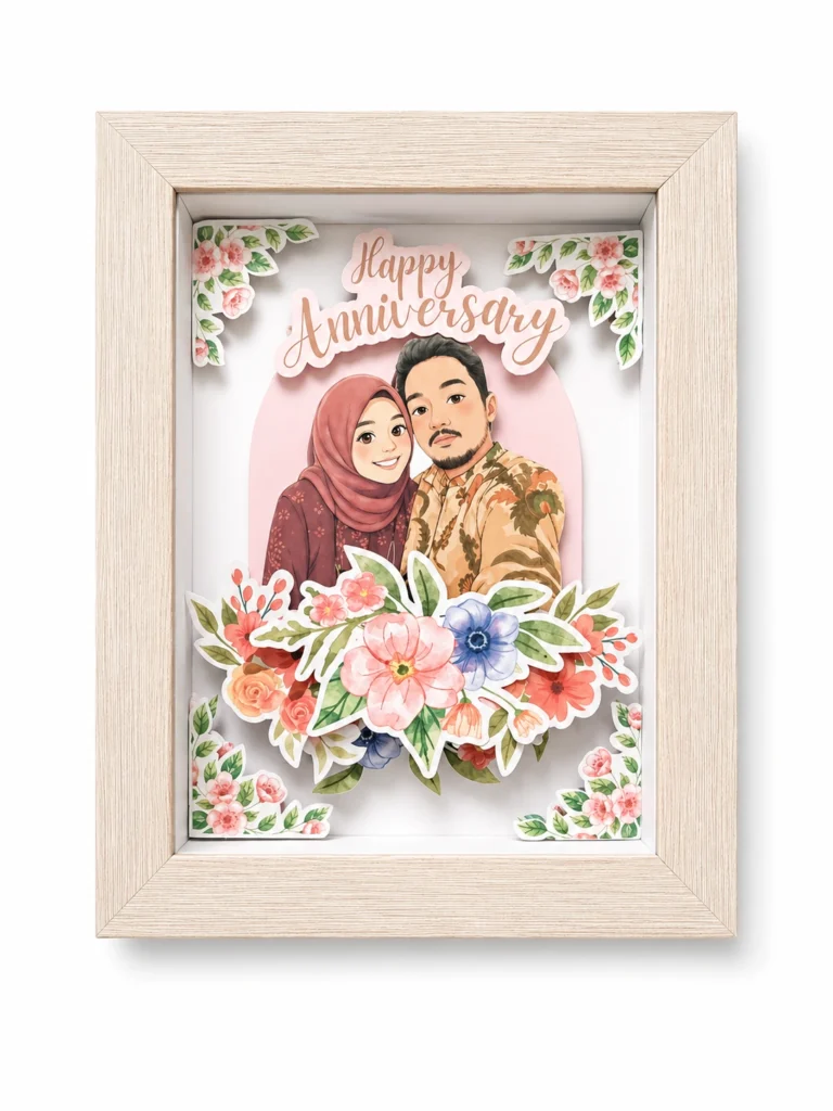 Bingkai kayu berisi kado anniversary berupa 3d frame 3 layer menampilkan ilustrasi pasangan dan hiasan bunga.