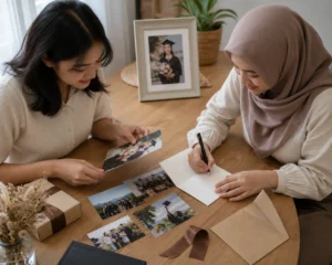 Foto dan kartu ucapan untuk ide kado wisuda personal.