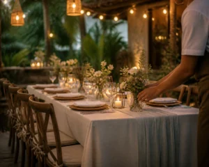 Meja makan intimate wedding dengan dekorasi sederhana.