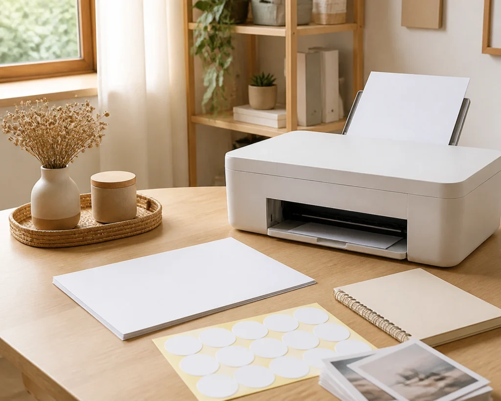Printer rumahan di meja kerja dengan kertas kosong dan stiker polos.