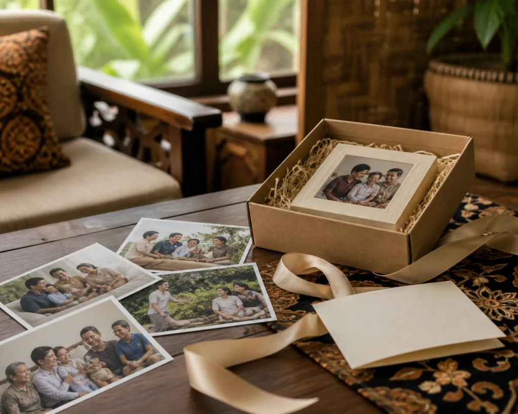 Foto keluarga dan hadiah personal di meja ruang keluarga.