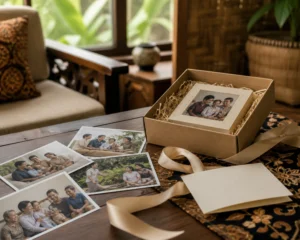 Foto keluarga dan hadiah personal di meja ruang keluarga.